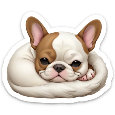Meme-Worthy Cute Sleeping Pied French Bulldog Portrait Emoji, Head resting peacefully with a gentle, contented smile and eyes softly closed in serene repose, showcasing a distinctive pied fur of contrasting hues and a lovable, relaxed expression, simplified yet irresistibly adorable, highly detailed, glowing with a soft, drowsy radiance, high shine, exuding calm, endearing charm, styled with a gentle, soft glowing outline, capturing the essence of a sleeping Pied French Bulldog that appears destined to be the next viral symbol of adorable, sleepy delight! sticker