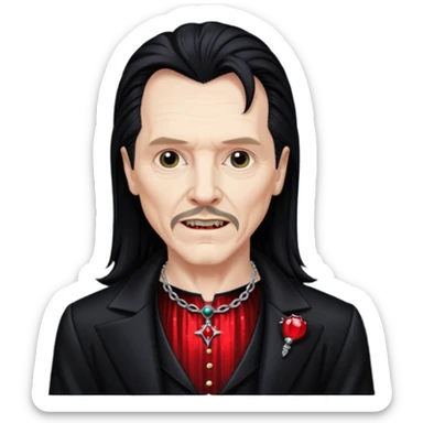Gary Oldman as Dracula with long black hair, black sequin outfit, shirtless with necklace sticker