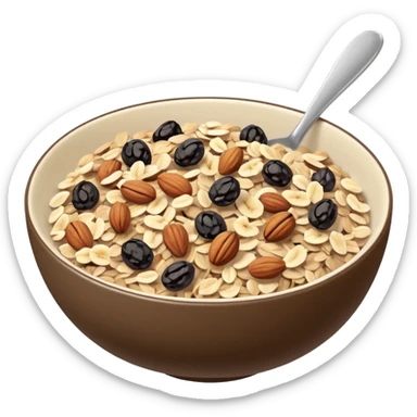 apple style emoji small shallow bowl of muesli, visible mix of beige rolled oats, dark brown raisins, light brown nuts, seeds, clean 3D minimal soft lighting clear forms, no anthropomorphic elements, no milk, no yogurt, no spoon, transparent background, emoji scale sticker
