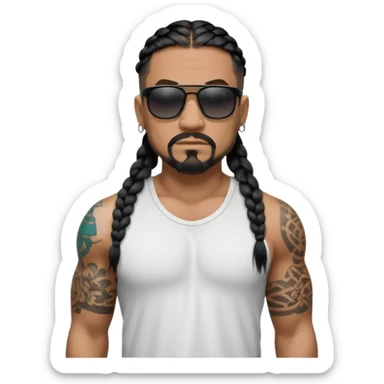 Samoan male. Chin goatee.
Untucked loose fitting white t-shirt. 
long black braided hair.
very muscular.
Even More tattoos. 
Tough and menacing.
Dark black square sunglasses. sticker