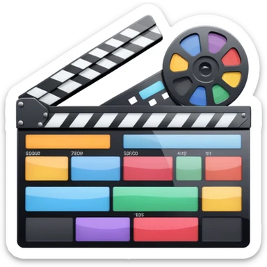 Create an emoji representing video editing. The design should feature a video editing software interface with a visible timeline, video clips, and audio tracks. Include elements like a film strip or a clapperboard to represent the filmmaking aspect. No smiley faces. Make the background transparent. sticker
