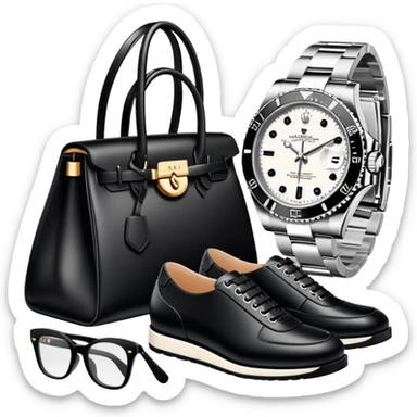 1 bag, and 1 glasses, 1 pair of shoes, and 1 watch rolex, all BLACK AND WHITE, and all luxury items like lv and prada, and rolex, and balenciaga sticker
