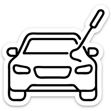 outlined icon of a premium black car, subtle hook tool at a dent, matte black look, fine silver lines, simple and clean sticker