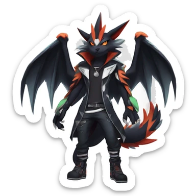 Cool Anthro Black Noivern-Absol-Litten-Pokémon with edgy stripes hoodie spiked collar punk Full Body sticker