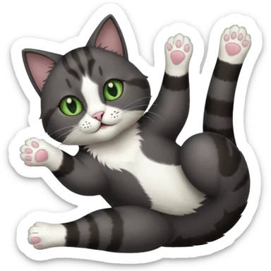 solid dark grey cat with green eyes, white toes/paws and white patch on her chest playfully rolling upside down sticker