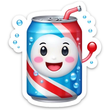 Cute Kawaii Soda Can, bubbly and vibrant, bright red and blue stripes, playful fizz popping around, a chubby happy face with wide sparkling eyes, energetic and refreshing! sticker