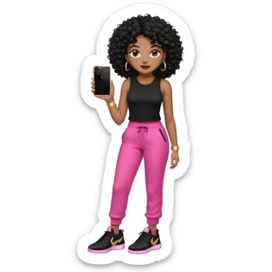 Black woman, adult, 4C black curly hair, dark brown eyes, wearing black top, pink pants, black sneakers, gold hoop earrings, iPhone emoji style sticker