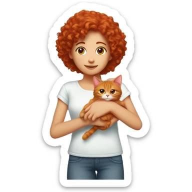 A red-haired curly-haired girl holds a red cat in her hands sticker