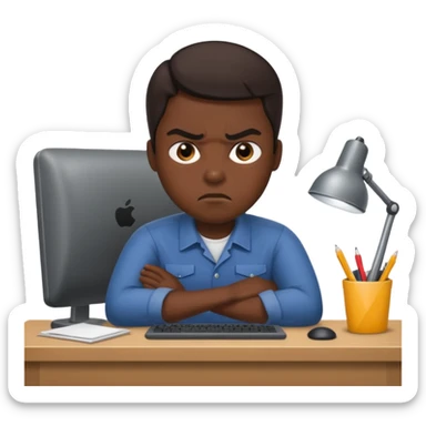 Annoyed/angry worker working at a desk sticker