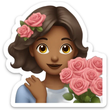 brunette girl smells  bouquet of roses sticker