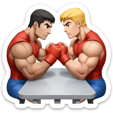 Two powerful arms locked in an intense arm wrestling competition. One arm is strong and steady, while the other strains to push back. The background shows a simple table with a focus on the clash of strength and determination. Transparent background. sticker