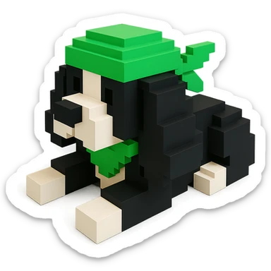 A black and white Russian Cocker Spaniel puppy wearing a green durag, voxel style, lying down sticker