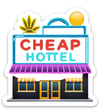 Hotel barato con letrero de neón en la fachada. sticker