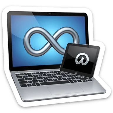 An infinity sign on a laptop and a video power button in the background sticker