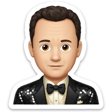 Tom Hanks with dark brown hair, ivory sequin outfit sticker