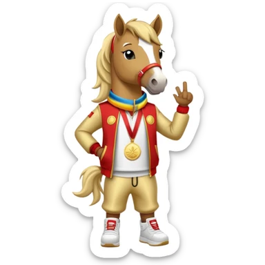 anthropomorphised horse in a hip-hop outfit, wearing a gold medal sticker