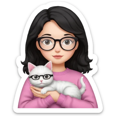 a girl with a black wavey hair, wearing a pink sweater and glasses, holding a cute white cat, only upper body, high quality. sticker