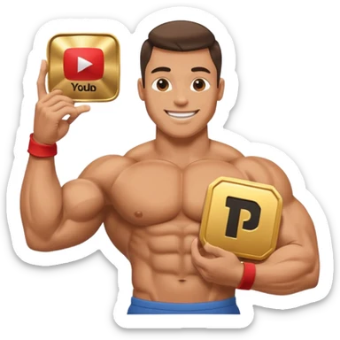 a happy bodybuilder flexing youtube golden play button sticker