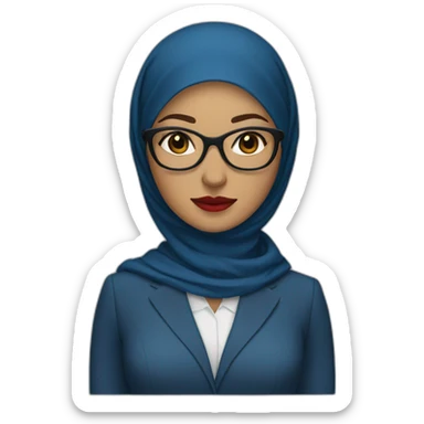 Hijabi white woman with glasses and brown eyes wearing a blue suit and red lipstick sticker