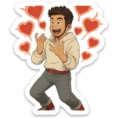 a burst of heart shapes that fits the theme: 1 male, mid fade haircut dark chestnut brown curly hair, toasted lightskin, white hoodie sleeves up, gray fashion jeans, red fashion-sneakers shoes, red belt, short trimmed beard and goatee,  style of deku from "my hero academia",  doing a "i adore that!" exclaimation pose with red electricity, sticker