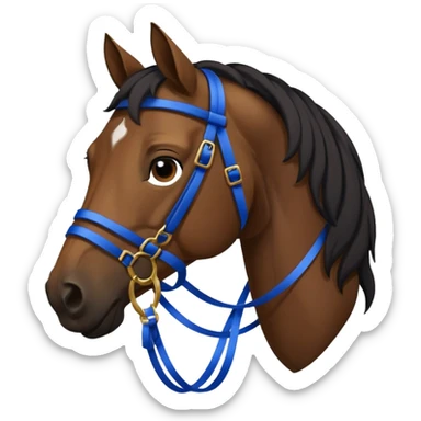 Brown horse with black men wearing a bridal with a blue ribbon hanging on the bridal sticker