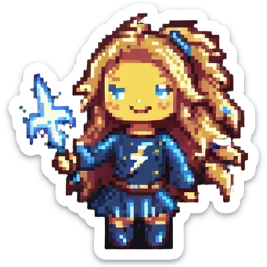 pixel art of an anthropomorphic battery girl with long hair, smiling, holding a lightning bolt sticker