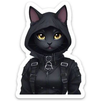 Gorgeous gothic dark techwear anime style anthro cat with blushing face aesthetic and pretty edgy black with collar and harness trending style sticker
