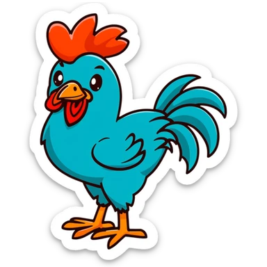 A goofy tropical rooster with teal blue feathers, big bulging eyes, tall red comb, skinny legs, comical expression sticker