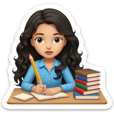 a pretty tan bratz girl with black wavy long hair studying. Pile of books on the table. No glasses. Looks tired sticker