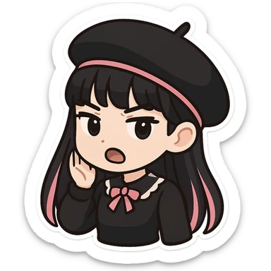 BLACKPINK-inspired gothic beret, cute and expressive, black and pink, no hearts sticker