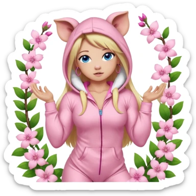 sexy and muscled, full body, in pink kegurumi pijamas, pig hood, sexy woman, long blond hair, beautiful blue eyes, makeup, earrings, muscled, surrounded by pink flowers and sakura petals sticker