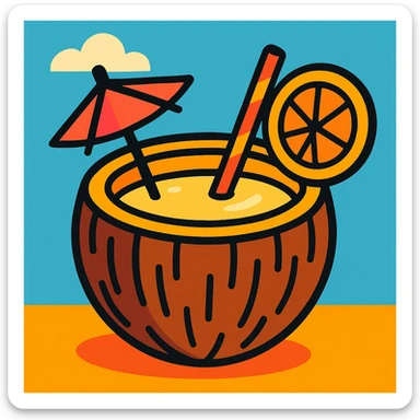 pina colada in a coconut shell, with a straw and umbrella, playful, summer vibe sticker