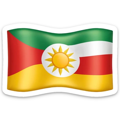 Kurdistan flag, Apple iOS style emoji, glossy rounded rectangle, three horizontal stripes red white green, bright yellow 21-pointed sun centered on white stripe, official Kurdistan flag proportions and emblem, shading and finish like iOS flag emojis sticker