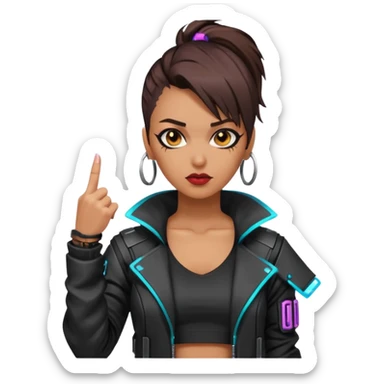 Woman with her tongue out in cyberpunk clothing and giving the middle finger. Looking naughty. sticker