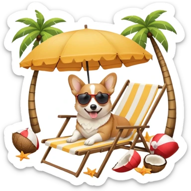 a corgi dog laied on a beach chair, a sunny beach, a sun umbrella, and beach coconut trees. the icon should capture the essence of a relaxing beach vacation with a carefree atmosphere sticker