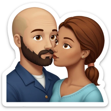 Couple. Bald man with dark brown-black beard. White woman with many small, faded freckles, she has white skin and she has auburn-brown-cinnamon, dark long hair. She has light brown eyes. The man have hazel eyes. She have light eyes. Retro style. She kisses him. Dark akademia. sticker