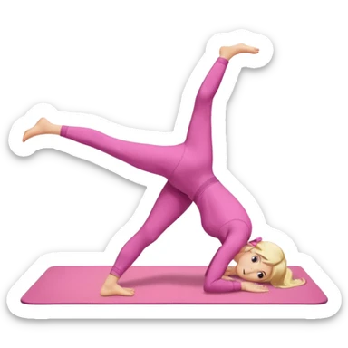 A fair-haired girl in a pink suit does a back bridge on a mat. two legs and a bridge to the other side.the feet are on the mat, the back is arched inward and the hands are stretched towards the legs sticker