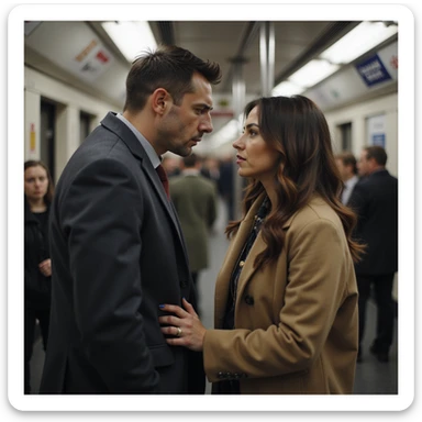 Man pretending to be weak, leaning exaggeratedly on a woman accompanying him, looking at her to see her reaction, public environment, hyperrealistic 4K details sticker