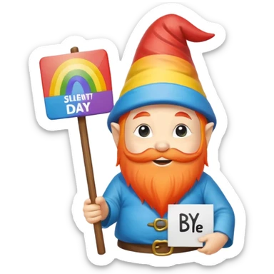 A zen rainbow gnome, holding a sign, "Silent Letter Day, who's with me?” sticker