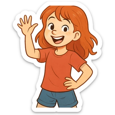 red-haired girl in a playful pose, smiling and waving sticker