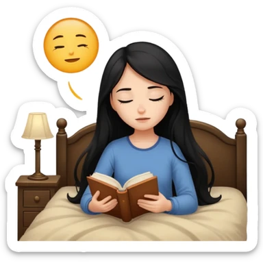Girl black long hair reading book sleepy bed sticker