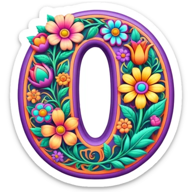 3D, gothic style psychedelic colored capital Letter O with hippie style flower border sticker