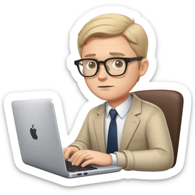 white male journalist typing on a laptop, wearing glasses, focused expression sticker
