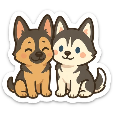 chibi sticker of two dogs, one German Shepherd and one Husky, sitting together, inspired by the reference photo sticker