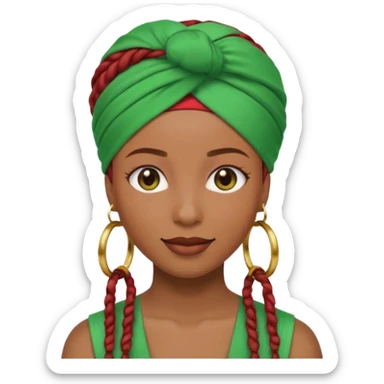 Non-portrait Jayci-vibe emoji, 1024 PNG, transparent. Headwrap (muted R-G-G), hoops, locs hint; soft smile, golden inner glow + faint heart aura. Embed: first-love, roots calm, playful grace, protective joy, consent. sticker
