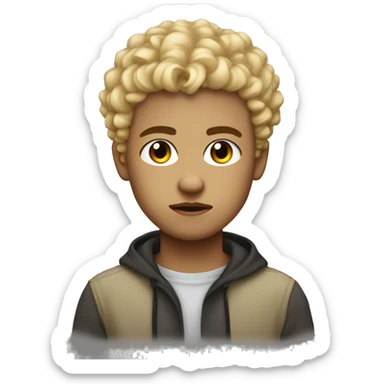 black eyes, very very curly blonde very short hair, boy, serious face sticker