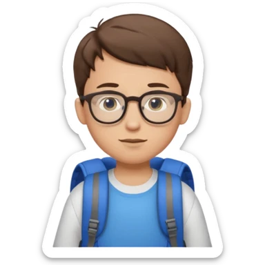 a boy with short brown hair and blue eyes, glasses, backpack sticker