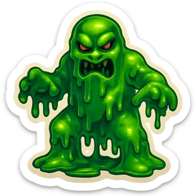 Slime monster. green slime. scary sinister. slime attacks. show full body. more dripping slime. talk humanoid slime creature. sinsiter and scary...green slime sticker