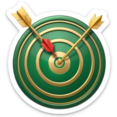3D target icon with arrow hitting bullseye, modern glossy style, deep green (#0B3D2C) rings, gold (#C9B037) center and arrow, subtle glow, transparent background, premium render sticker