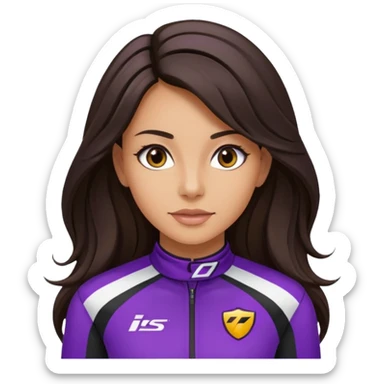 brunette long hair woman with black racing outfit with purple strips sticker